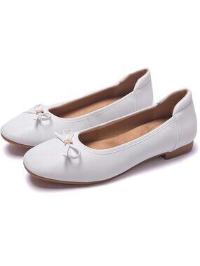 Women's White Faux Leather Dressy Comfortable Round Toe Bow Ballet Flats Shoes